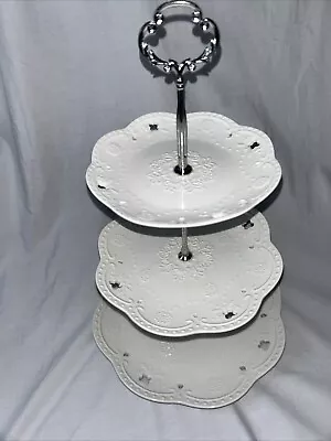 3-Tier Porcelain Tea Sandwich Pastry Cupcake Stand Serving Tray White Embossed • $19.97