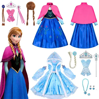 Kids Girls Anna Elsa Princess Costume Fancy Dress Party Cosplay Wig Glove Outfit • £11.99