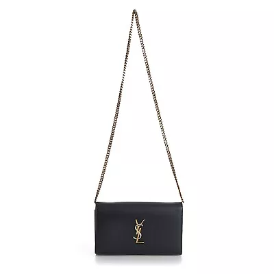 SAINT LAURENT 1990$ Cassandre Chain Wallet - Shiny Black Leather YSL • $2369.57