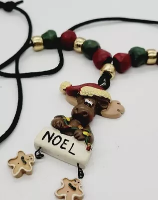 Noel MOOSE CHRISTMAS Beaded Necklace Faux WOOD Statement Multicolored 22 In • $11.70