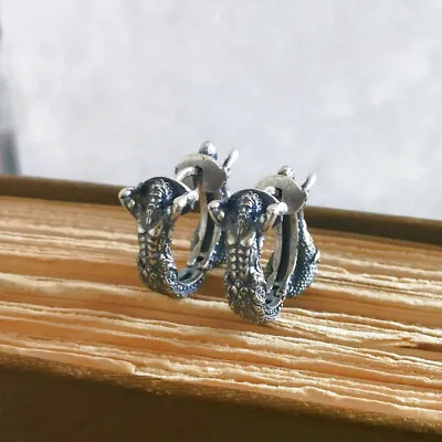 Antiqued 925 Sterling Silver Mermaid Poseidon Double Sided Hoop Earrings Unique • $35