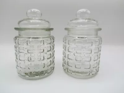 Vintage Clear Glass Apothecary Jar Candy Canister Set 2 With Lids Waffle Pattern • $16.99