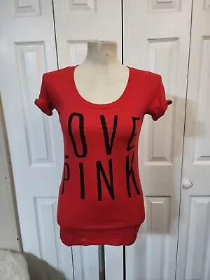 EUC Victoria Secret PINK Red Black Logo Cap Sleeve Tee Size XS  • $8