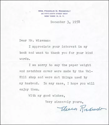 Eleanor Roosevelt - Typed Letter Signed 12/03/1958 • $300