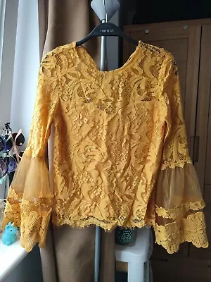 Girl On Films Mustard Yellow Long Bell Sleeves Laces Top Blouse Uk8 • £11.90