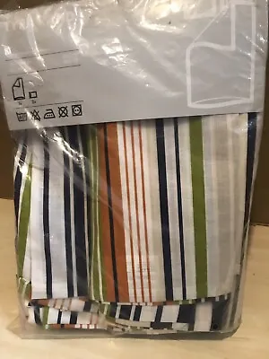 Ikea Tyra Rand Single Duvet Cover W/pillowcase X2 White/Green/Blue Striped NEW • £20