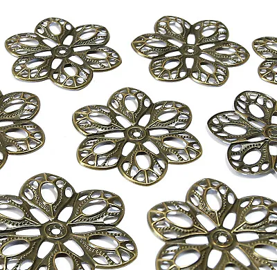 10 Large Flower Shape Charms Embellishment Filigree Bronze Tone Metal Craft 60mm • £2.54