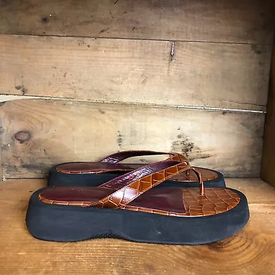 $29.99 • Buy Staud Tessa Women's Size 38 US 7 Sandals Croc Embossed Brown Leather Thong Shoes