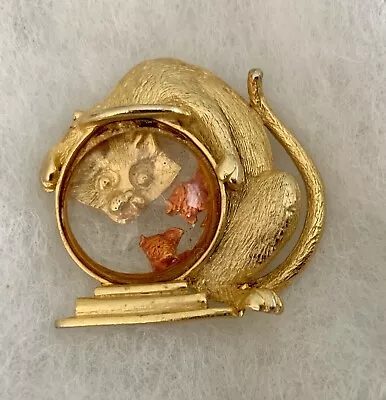 Vintage JJ Cat With Paw In Goldfish Bowl Pin Brooch Fishbowl Gold Tone • $29.99