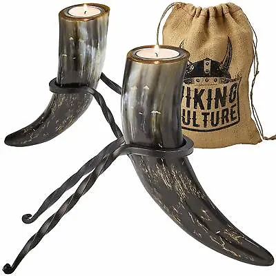 Viking Culture Horn Tealight Candle Holder Set With Wrought Iron Stands • $44