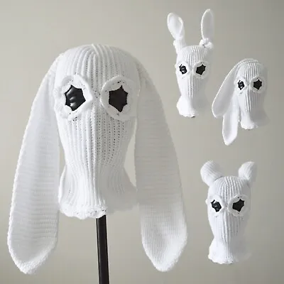 Custom White Bunny Crochet Balaclava Knit Cute Hat Two Holes Ski Mask With Ears • $120.75