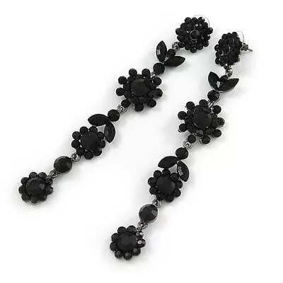 Long Black Crystal Floral Chandelier Earrings In Gun Tone Metal - 11cm L • £21