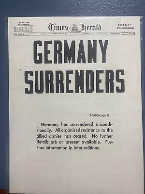Vintage Newspaper Headline~world War 2 Germany Surrenders Victory In Europe 1945 • $14.49