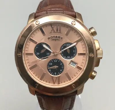 Rotary Chronograph Watch Men 42mm Rose Gold Tone Date Leather New Battery • $89.99