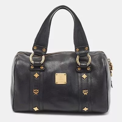 MCM Black Leather Vintage Studded Logo Motifs Boston Bag • $174.30