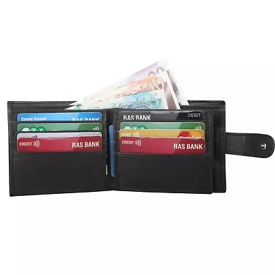 Mans RFID Real Leather Wallet With Zip Pocket Coin Pouch & ID Window 340 Black • £7.99