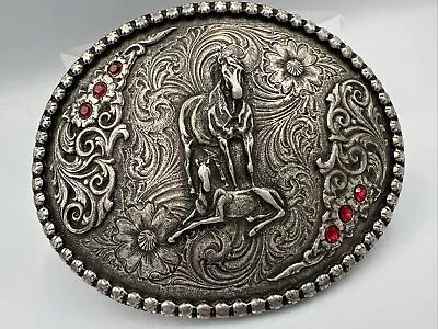 Montana Silversmith's Belt Buckle Horse With Foal Red Rhinestones Filigree • $25.46