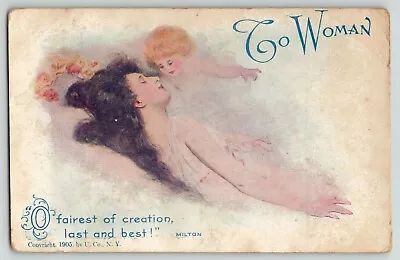 C 1905 Vintage Postcard  To Women  Milton By U. Co NY Lady & Angel • $5.95