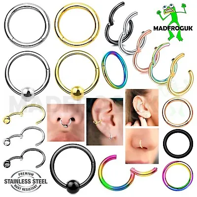 Surgical Steel Nose Ring Septum Clicker Hinge Segment Helix Earring Hoop Crystal • £1.99