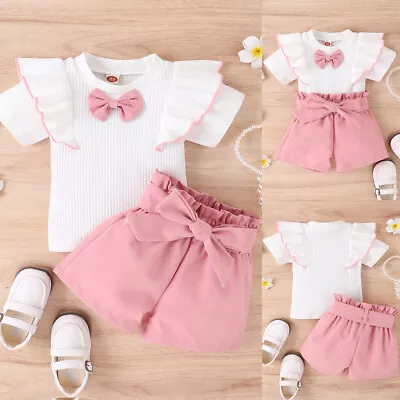 Infant Kids Baby Girls Ruffle Tops Shorts Set Toddler Summer Outfits Clothes UK • £8.59