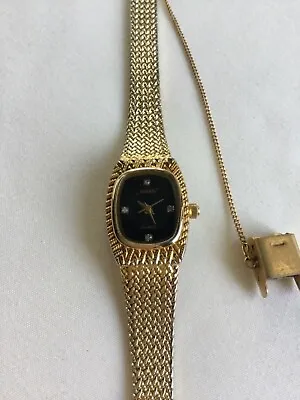 Vintage Xavier Masterpiece Gold Tone Ladies Watch Black With Diamond Accents C1 • $28.25