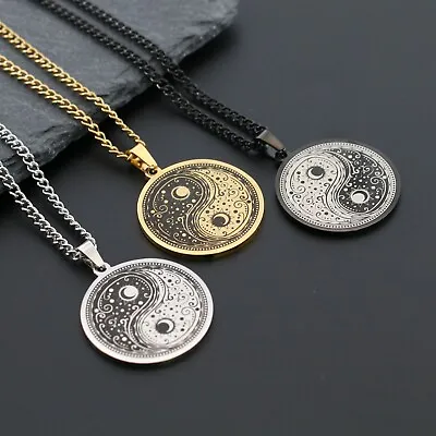 Yin Yang Tai Chi Black Gold Silver Pendant Stainless Steel Necklace Men Women • £4.99