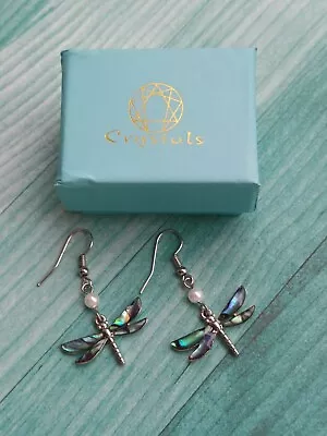 Stunning Silver & Abalone Shell Detailed Dragonfly Drop Design Earrings • £9.99