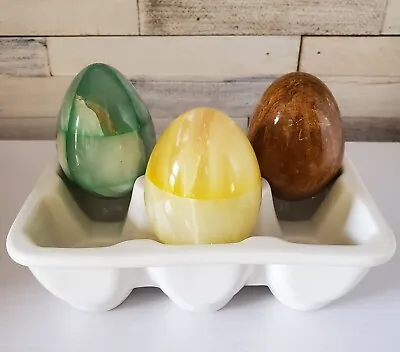 Lot Of 3 Vintage Natural Polished Marble Eggs ~Yellow Brown Woodgrain & Green • $14.99