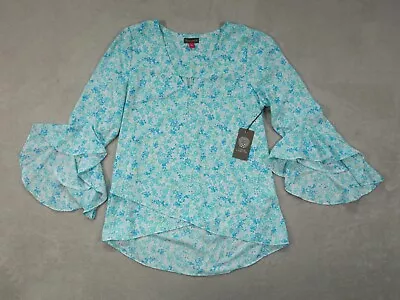 Vince Camuto Womens Blue Floral Wide Ruffle Long Sleeve V-Neck Blouse Size S • $20