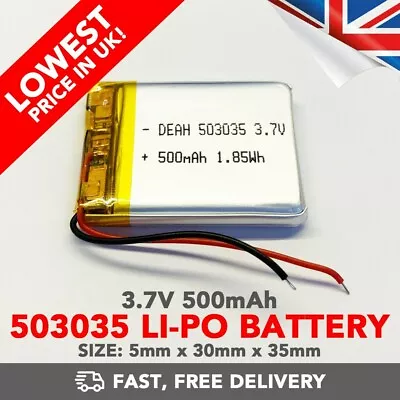 3.7V 500mAh Li-Po Battery (503035) Rechargeable High Capacity Tablet PCM • £4.59