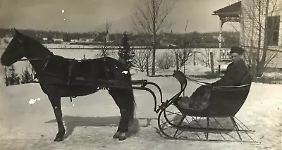 Antique RPPC Horse Drawn Sleigh Sled Man Hat Fur Blanket House Winter Snow #298 • $24.99