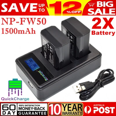$30.99 • Buy 2x NP-FW50 Battery +LCD Dual Charger For Sony Alpha A7 A7R A7S A6000 A6300 A6500