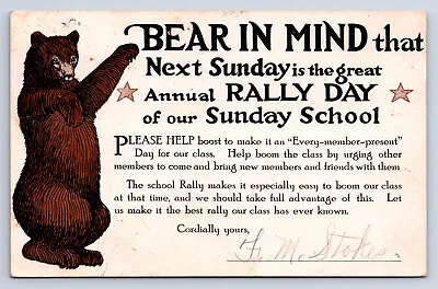 VTG Postcard Brown Bear In Mind Rally Day Sunday School Martinsburg WV 1917 N11 • $6.99