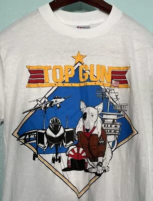 Vintage Top Gun 1990s Single Stitch White T-Shirt Dog Youth Large Mens Small • $70.16