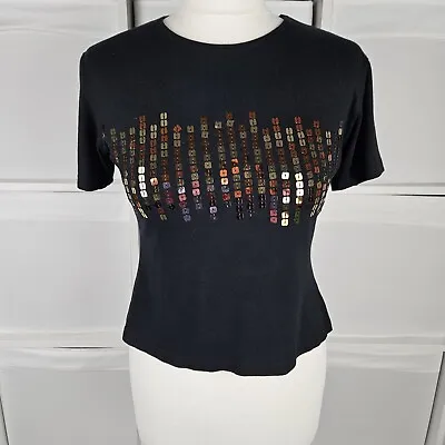 Vintage Y2K Black George T-Shirt Size 10 12 Crop Top Sequin 90s Party Festival  • £12.99