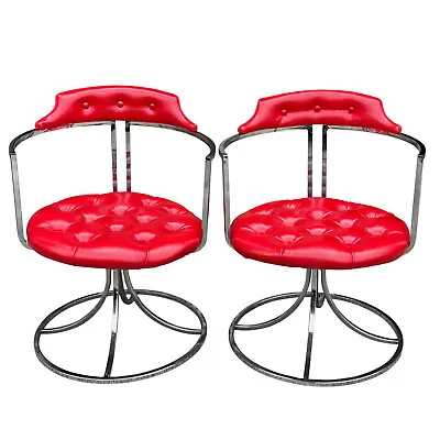 Mid-Century Atomic Red Vinyl & Chrome Swivel Club Chairs By Daystrom - A Pair • $1000