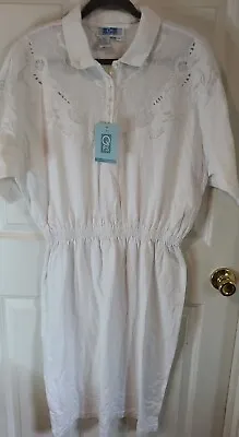 Vtg QPS Women's Sz XL White Elastic Waist Embroidered Dress • $9.95