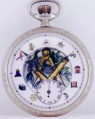 Antique French Masonic Chronometer Silvered Pocket Watch-Fancy Enamel Dial C1900 • $800