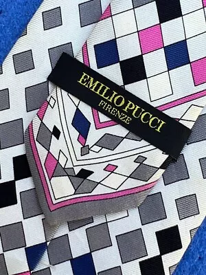 Authentic EMILIO PUCCI Abstract Plaids Design On White 100% Silk Necktie Tie • $1.99