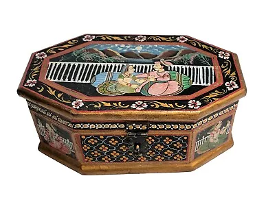 Vintage 1960s Indian Mughal Hand Painted Wood 8  Long Octagon Jewelry Box • $39.97