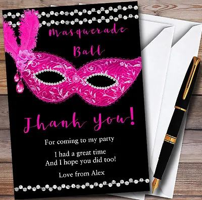 Pink & Black Masquerade Ball Personalised Party Thank You Cards • £9.99