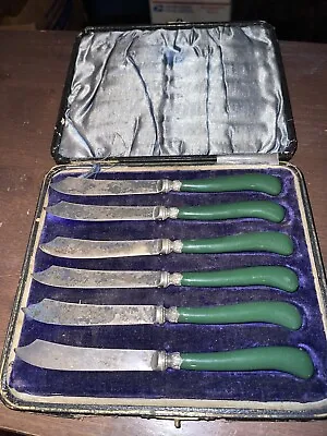 Bakelite Catalin Vintage Green Handle Fish Knives Set EPNS  • $30.49