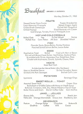 Oct 21 1963 Hawaii Matson Lines SS Matsonia Breakfast Menu Hawaiian Night Bloomi • $5.99