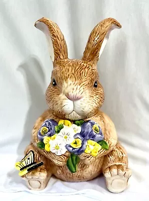 Cracker Barrel Bunny Rabbit Holding Flowers Ceramic Cookie Jar Butterfly • $44.95