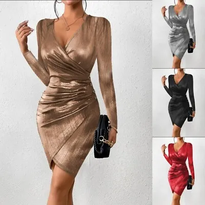 Women's V-Neck Slit Dress Sexy Bag Hip Dress Fashion Long-Sleeved Casual Party • $25.99