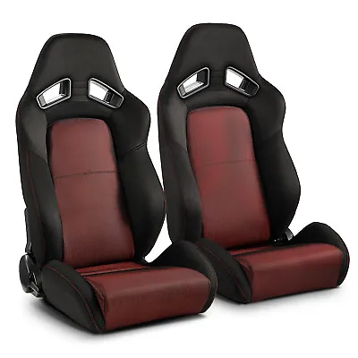 2 X Universal Black+Red Mesh Fabric Reclinable Racing Seats Left/Right W/Slider • $318.50