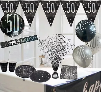 Age 50 & Happy Birthday Black Silver Party Decorations Balloons Bunting Banners • £4.50