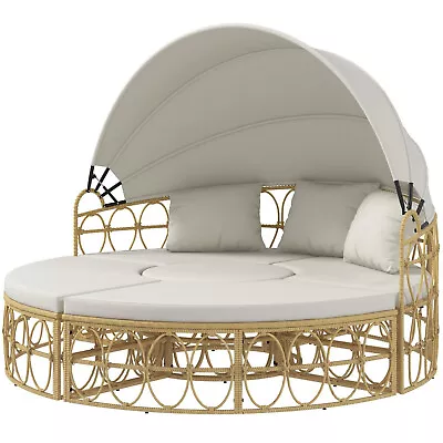 Outdoor Patio Round Modular Daybed Set Retractable Canopy PE Rattan Wicker Chair • $431.31