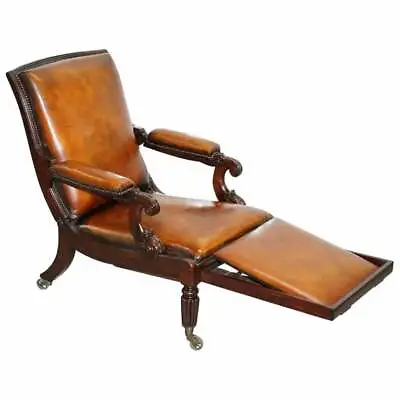 Restored William Iv Reclining Library Reading Brown Leather Armchair Footstool  • £5000