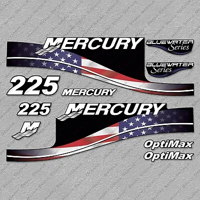 Mercury 225 HP Optimax BlueWater USA Flag Edition Outboard Engine Decal Set • $51.29